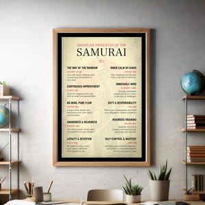 Samurai Poster Japanischer Krieger Samurai druckbare Kunst motivierende japanische Wohnkultur inspirierendes japanisches Zitat Disciplin Principles