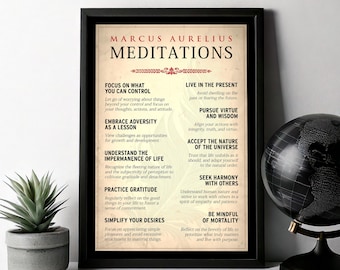 Póster de las meditaciones de Marco Aurelio. Impresión de Marco Aurelio. Arte mural estoico. Citas inspiradoras. Filosofía de vida. Descarga digital motivacional.