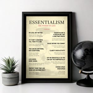 May include: A framed print with the title "ESSENTIALISM" and the subtitle "THE POWER OF LESS." The print features inspirational text in a black frame, with a small potted plant and a globe on a stand in the foreground.