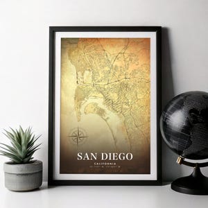 Kaart van San Diego, vintage kaartposter van San Diego, kaart van San Diego, Californië, poster stad wegenkaart, antieke stijl retro kaart, stadskaart afdrukken