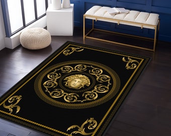 Medusa Gold Carpet, Gold Bordered Carpets, Greek Mats, Custom Rug, Greek Rugs, Greek Motifs Rug, Medusa Pattern Rug, Gifts Rugs, Soft Rugs
