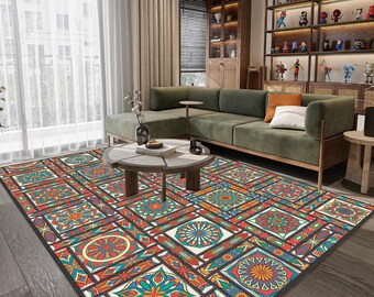 Färgglad boho geometrisk mönstermatta: Lapptäcke etnisk mandala mönstrad matta, mandala matta