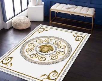 Medusa Gold Carpet, Gold Bordered Carpets, Greek Mats, Custom Rug, Greek Rugs, Greek Motifs Rug, Medusa Pattern Rug, Gifts Rugs, Soft Rugs