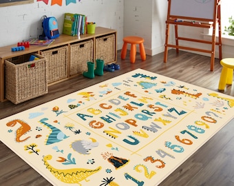 Letter Carpet, Number Kids Carpet, Dinosaur Figure Educational Carpet, Kids Room Carpets, ABC Kids Room Rug, Alphabet Play Mat, Nursery Rugs