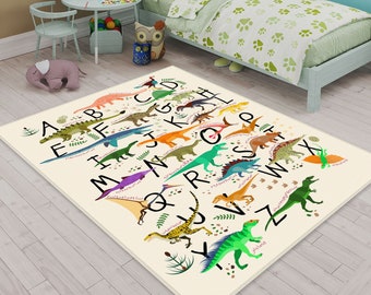 Letter Carpet, Dino Rug, Soft Baby Rug, Dinosaur Figure Educational Carpet, Kids Room Carpets, ABC Kids Rug, Alphabet Play Mat, Nursery Rug