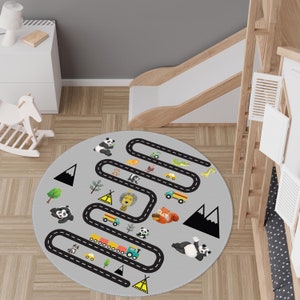 Road Round Rug, City Circle Rug, Playground Floor Carpet,Mountain Kids Non Slip Mat,Gray Anti Slip Kids Rug for Nursery Room,Road Kids Rug,