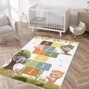 Hopscotch Activity Rug, Hopscotch Rectangle Toddler Rug, Numbers Nursery Rug, Game Educational Kids Play Mat, Cute Animal Patterned Kids Rug