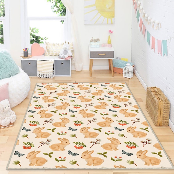 Cute Rabbit Kids Rug, Rabbit Design Carpet, Bunny Easter Rug, Baby Bunny Kids Room Rug, Baby Rugs, Baby Room Carpet, Rabbit Rug, Nursery Rug