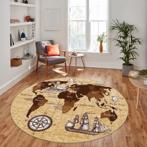 tapis carte du monde vintage, tapis à motifs du monde, tapis de couleur antique, tapis rond boussole, carte du monde boussole, tapis rond boussole, carte du monde
