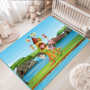 Colorful Fairy Castle Kids Play Mat, Soft Durable Kids Rug, Beautiful Fairy Design Nursery Carpet, Fairy Desing Kids Room Rug, Baby Carpet