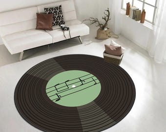 Cd Rug, Retro Vinyl Record Round Rug, Music Lover’s Black Record Carpet with Musical Notes Design for Living Room, Bedroom or Home Office
