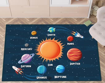 Space Themed Kids Carpet, Planet Kids Rug, Blue Kids Rug,Space Baby Rug, Solar System Educational Kids Rug,Space Themed Washable Kids Carpet
