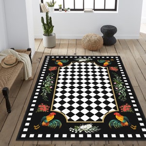 Checkered Area Rug, Black Hen Way Rug, Rooster Non-slip Rug, Rustic ...