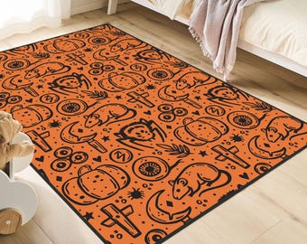 Alfombra de calabaza naranja: Alfombra con diseño espeluznante de Halloween, alfombra naranja, diseño de murciélagos y calabazas, alfombra con diseño de ratas, alfombra espeluznante para el hogar.