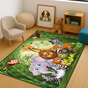 Safari Rug For Kids Room, Safari Kids Room Decor, Safari Boys Room Carpet,Jungle Kids Room Rug, Zoo Kids Room Decor, Safari Animals Kids Rug image 1