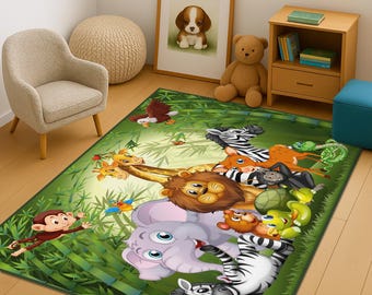 Safari Rug For Kids Room, Safari Kids Room Decor, Safari Boys Room Carpet,Jungle Kids Room Rug, Zoo Kids Room Decor, Safari Animals Kids Rug