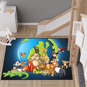 Tier Kinderteppich, bunte Tierweltkarte Kinder Spielzimmer Matte, niedlicher Cartoon Animal Designs Kinderteppich, lustiger Lernboden Kinderteppich