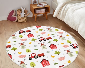 Farmhouse Nursery Rug, Farm Playmat Kids Room, Tractor Rug, Cute Animals Round Carpet