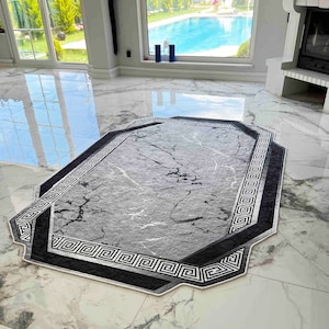 Tappeto nero a strisce argentate, tappeto di lusso argentato, bordatura a chiave greca per tappeto da soggiorno, tappeto greco, tappeto con motivo in marmo grigio, tappeto argentato, tappeto grigio