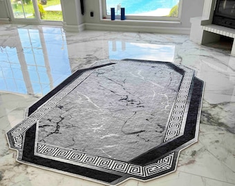 Silver Striped Black Rug, Silver Luxury Rug, Greek Key Border For Living Room Rug, Greek Rug,Gray Marble Patterned Rug, Silver Rug, Gray Rug