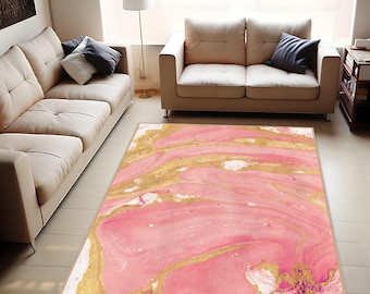 Pink Gold Marble Effect Rug, Elegant Modern Area Carpet, Abstract Design Floor Mat, Pink Watercolor Desing Carpet
