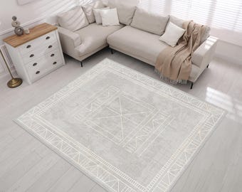 Scandinavian Rectangle Area Rug, Anti-Slip Beige Geometric Living Room Carpets, Bohemian Nordic Rugs, Washable Beige Mats, Nordic-Style Rugs