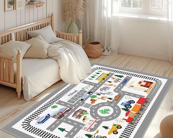 Animal Kingdom Road Kids Rug, Non-Slip Kids Room Rug, Road City Car Carpet, City Road Playroom Mat, Animals Crawling Mat, Road Play Kids Rug