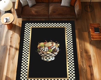 Checkered Rug,Black Border Rug,Check Pattern Area Rug,Black and White Rug Living Room, Chic Floor Mat,Modern Runner Rug, Pumpkin Pattern Rug
