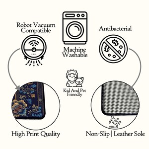 May include: An infographic displaying product features for a rug, including icons for Robot Vacuum Compatible, Machine Washable, Antibacterial, Kid And Pet Friendly, High Print Quality, and Non-Slip Leather Sole with a visual of the rug's pattern.