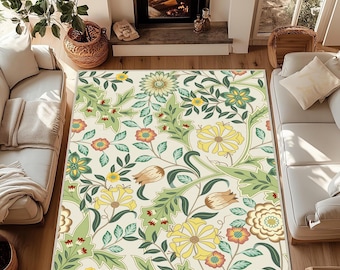 Tapijt met bloemen, William Morris-tapijt, wasbaar tapijt, kunsttapijt in Morris-stijl, tapijt met botanische bladeren, tapijt met bloemenaccent, natuurtapijt