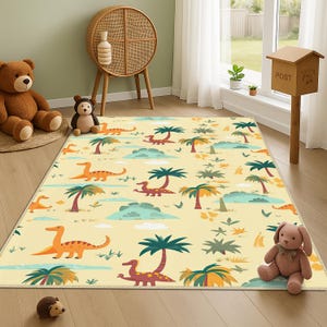 Dinosaur World Kids Carpets, Non-Slip Kids Room Rug, Land Of Dinosaur Decor, Dinosaurs Trex Crawling Mat, Colorful Dinosaur Jungle Area Rug