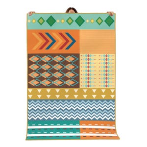 May include: A rectangular throw blanket featuring a multi-colored geometric pattern. The design includes horizontal bands of diamonds, chevrons, stripes, triangles, and zigzags in shades of teal, orange, brown, yellow, and light blue with a gold border.