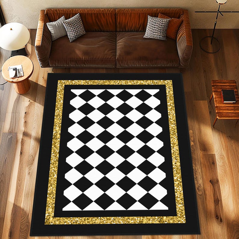 Checkered Desing Rug, Black Border Check Pattern Non Slip Area Rug ...