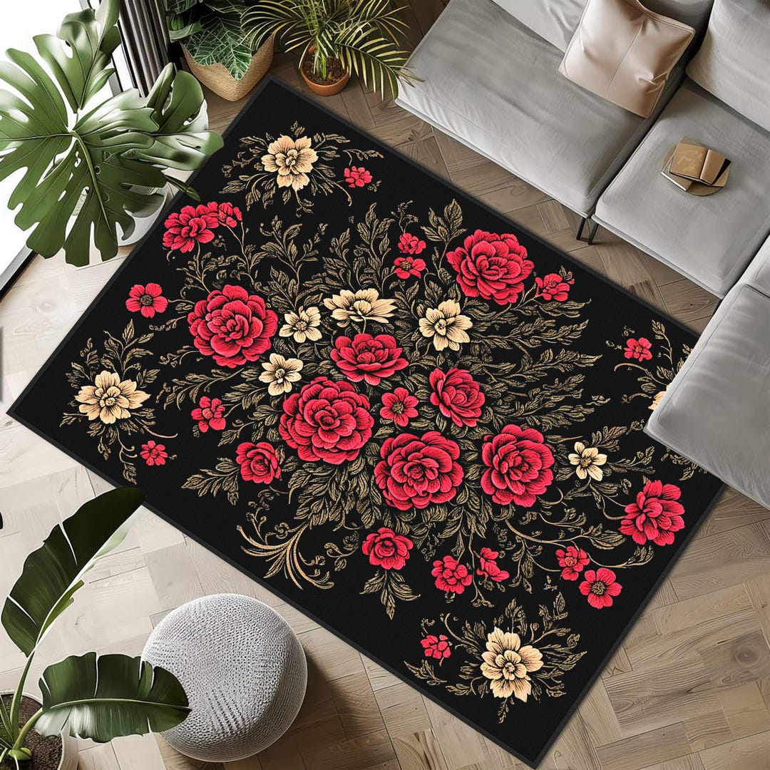 Red Floral Pattern Rug, Leafy Carpet, Tropical Rug, Floral Rug, Floral ...