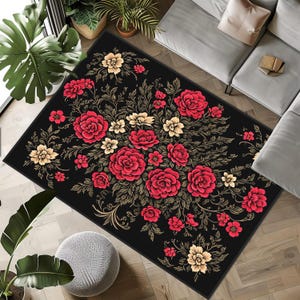 Red Floral Pattern Rug, Leafy Carpet, Tropical Rug, Floral Rug, Floral Runner, Botanical Pattern Floor Carpet, Elegant Black Floral Area Rug