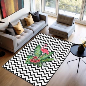 Flamingo Pattern Area Rug, Black and White Zigzag Rug, Red Flamingo Exotic Rug, Flamingo circle carpet, Tropical Rug, Botanical Flamingo Rug