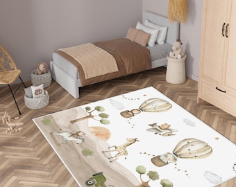 Jungle Animal Activity Rug, Safari Themed Nursery Rug, Boho Kids Room Decor, Woodland Animal Baby Rugs, Cute Animal Play Mats, Gift For Baby