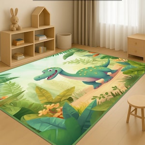 Dinosaur World Kids Carpet, Cute Dinosaur Kids Rug, Fun Cartoon Green Dino Carpet, Soft Non-Slip Play Mat, Adorable Dinosaur Kids Room Rug