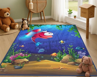 Blue Underwater Kids Rug, Red Fish Kids Carpet, Sea Kids Room Carpet, Soft Blue Baby Rug, Colorful Ocean Adventure Fish Play Rug, Fish Rug