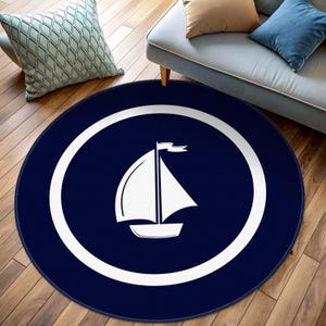 Nautical Sailboat Round Rug, Boat Round Area Carpet, Sailing Boat Themed Round Non Slip Area Rug, Blue White Circle Rug, Sailor Floor Mat