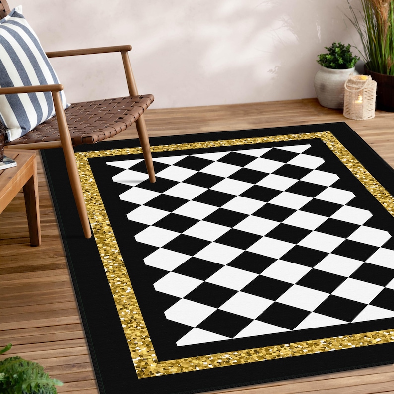 Diamond Checkered Pattern Rug Checkered Desing Rug, Black Border Check Pattern Non Slip Area Rug ...