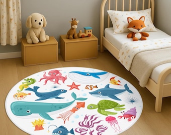 Animals Kids Rug, Sea Kids Fish Carpet, Fishing Nursery Rug, Sea Kids Rug, Underwater Sea Animal Kids Rug, Blue Kids Carpet, Shark Kids Rug
