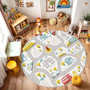 Auto Kinderteppich, rutschfester Kinderteppich, Kindergartenteppich, gelber Bus, Feuerwehrauto, Auto, Stadtplan Design Kinderteppich, Babyteppich, Kinderspielzimmer Teppich