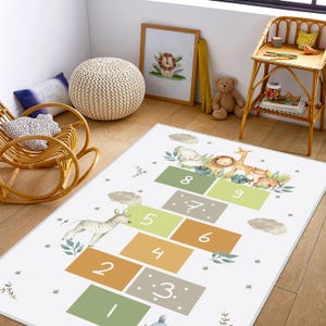Verspielter Kinder-Hopscotch-Teppich mit Dschungel-Design, weiche Krabbeldecke für Kleinkinder, lehrreiches und lustiges Kinderzimmer-Dekor, Tierteppich