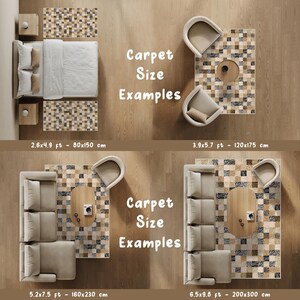 May include: Overhead view of carpet size examples. The image shows different room setups with various carpet sizes, including 80x150 cm, 120x175 cm, 160x230 cm, and 200x300 cm. The text "Carpet Size Examples" is also visible.