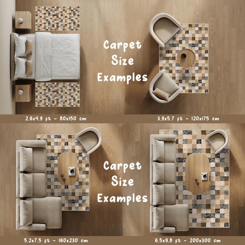 May include: Overhead view of carpet size examples. The image shows different room setups with various carpet sizes, including 80x150 cm, 120x175 cm, 160x230 cm, and 200x300 cm. The text "Carpet Size Examples" is also visible.