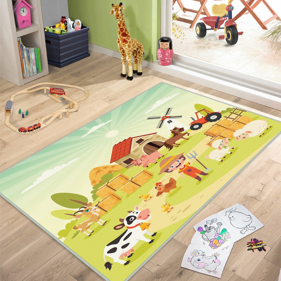 Farm Field Rug Farm Animals Tractor Kids Carpet: Farmhouse Kids Room Rug, Farm Animals ...