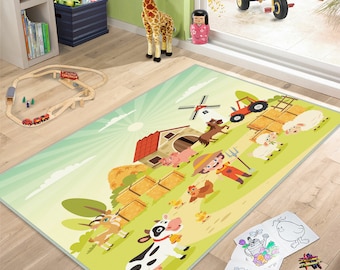 Farm Animals Tractor Kids Carpet: FarmHouse Kids Room Rug, Farm Animals Kids Rug