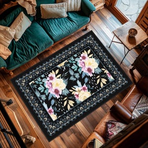 Tapis à fleurs, tapis à motifs de roses, tapis à fleurs printanières, tapis à fleurs roses, élégant tapis noir à fleurs, tapis de salon à motifs de roses vintage