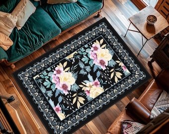 Floral Carpet, Rose Pattern Rug, Spring Flowers Rug, Pink Floral Rug, Elegant Black Floral Area Rug, Vintage Rose Pattern Living Room Rug